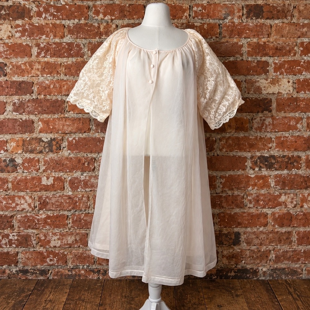Vintage Pink Sheer Lace Sleeve Robe M Layering Coquette Ethereal Bridal Lingerie
